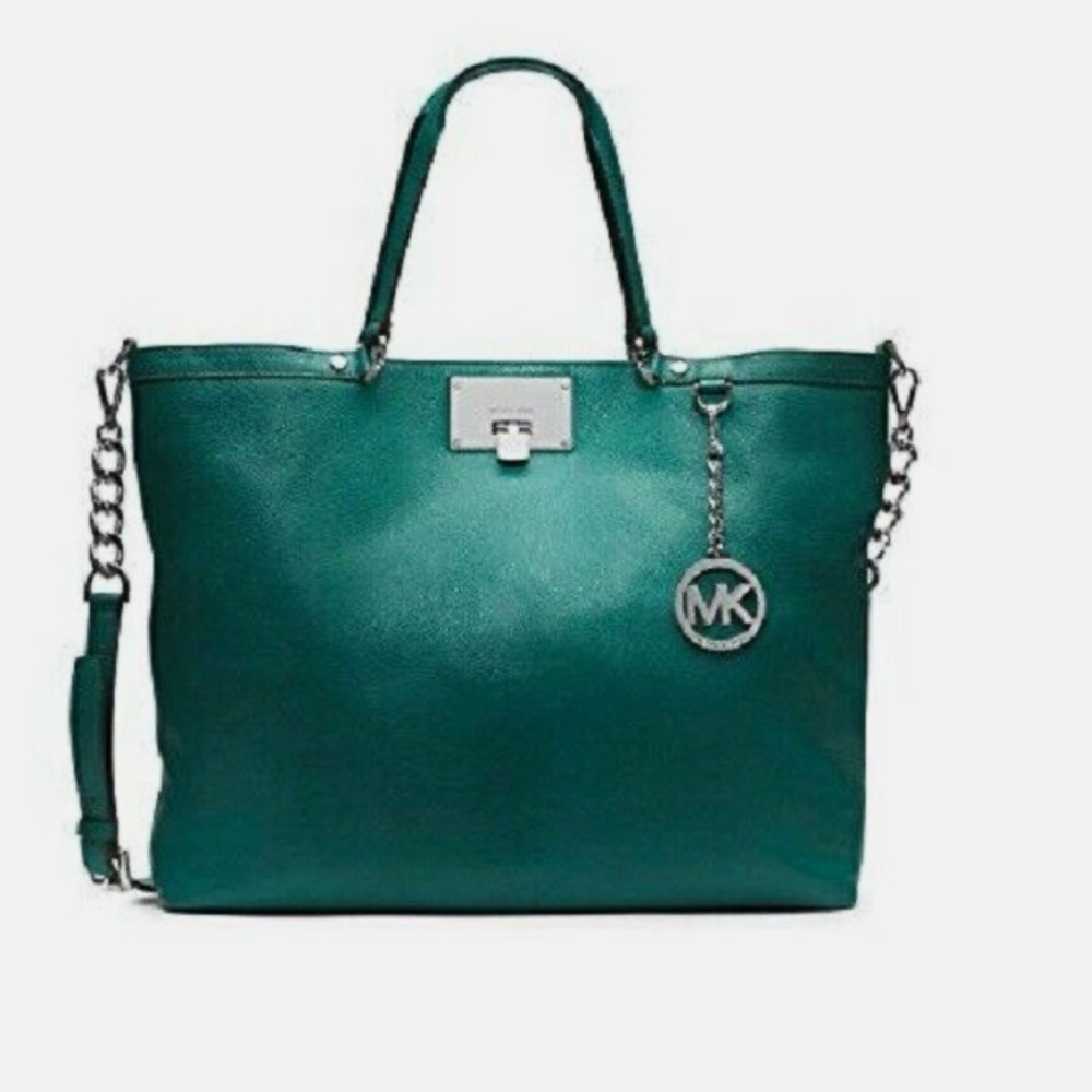 Michael Kors Channing Aqua Green Soft Leather Silver Chain MK Logo Hardware Tote - Picture 2 of 14
